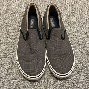 Sperry Slip On Shoes Mens 13 Brown Plaid Fabric Casual Low Top Sneakers